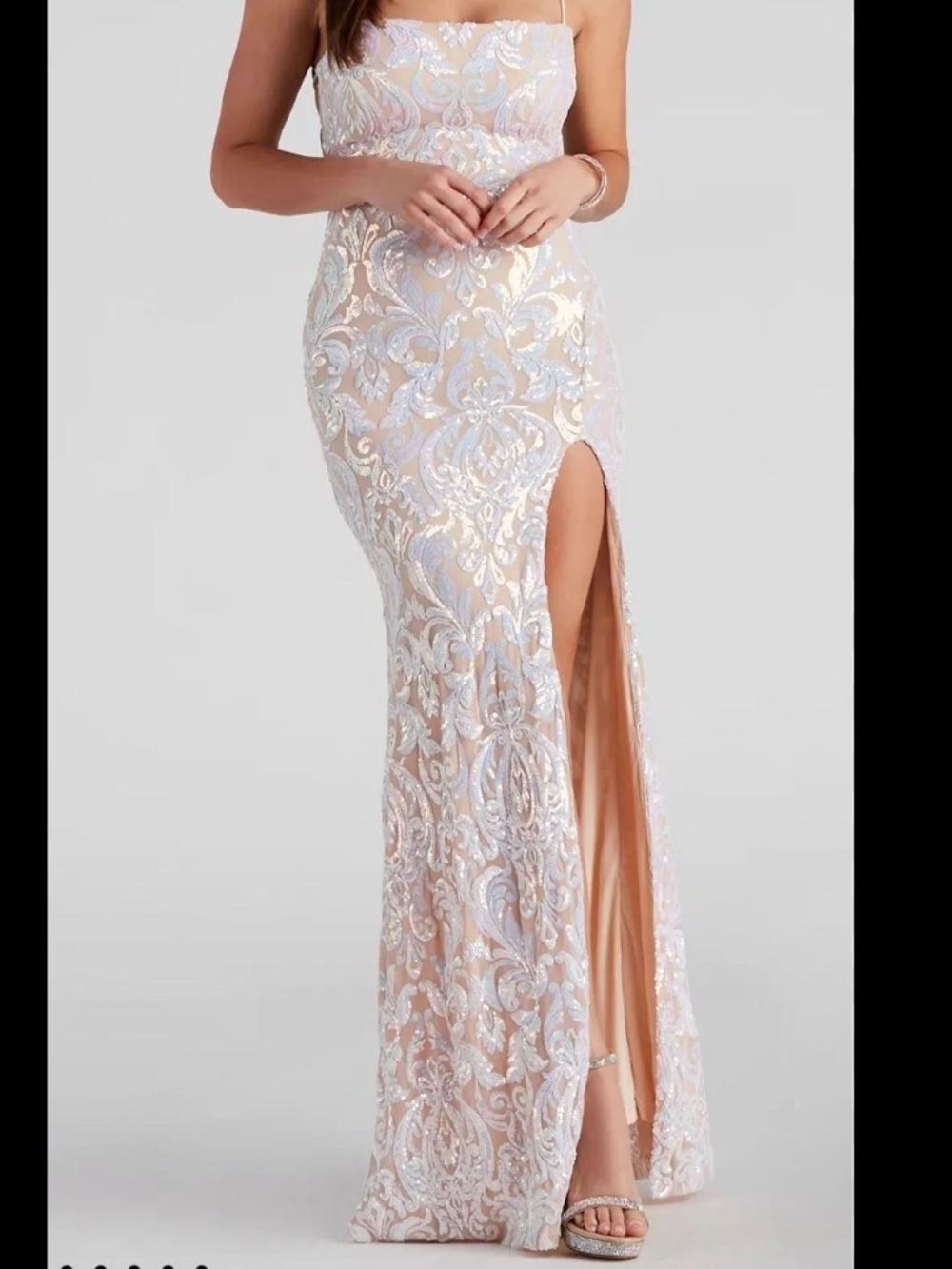 Windsor Iridescent White and Blush Strapless Prom Gown with High Slit